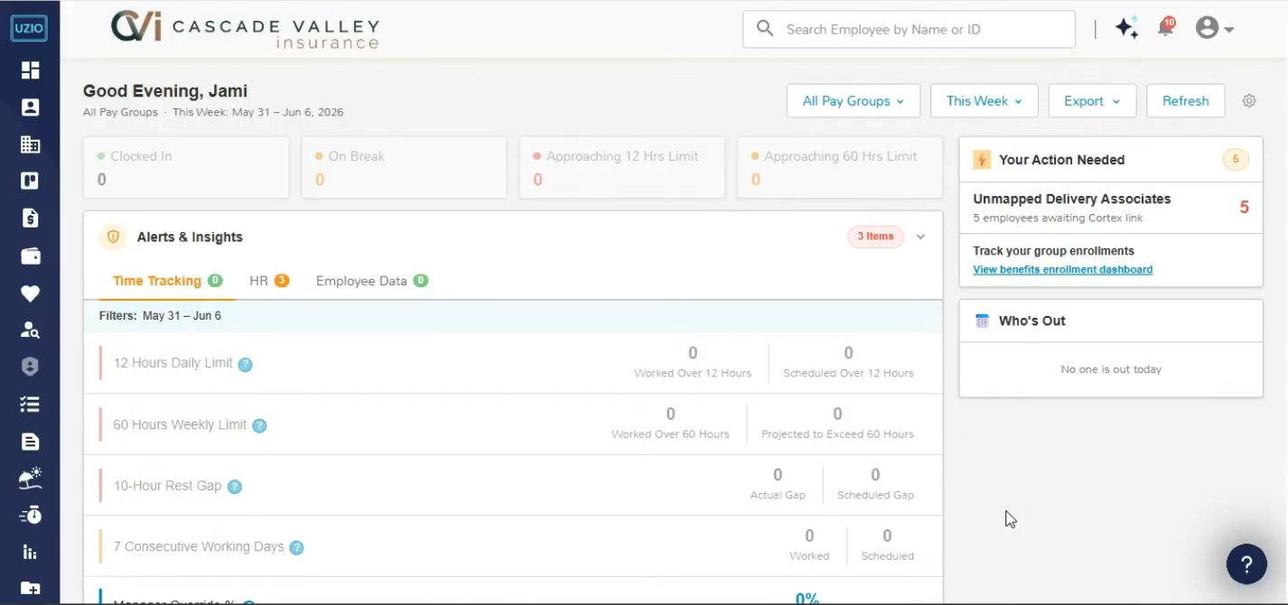 UZIO DSP workforce dashboard with Cortex integration — alerts, time limits, and unmapped delivery associates awaiting Cortex link